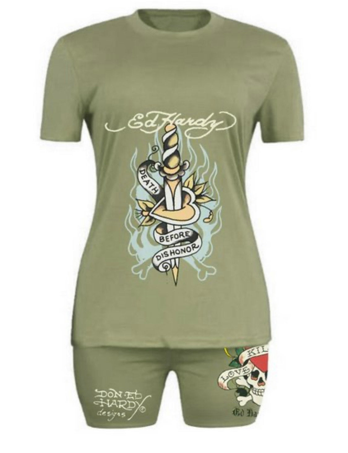 Tatto Queen Graphic Short Set-Olive