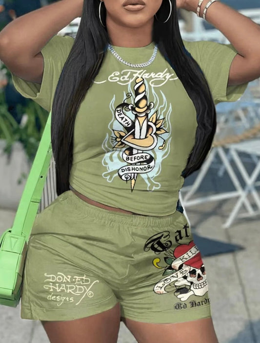 Tatto Queen Graphic Short Set-Olive